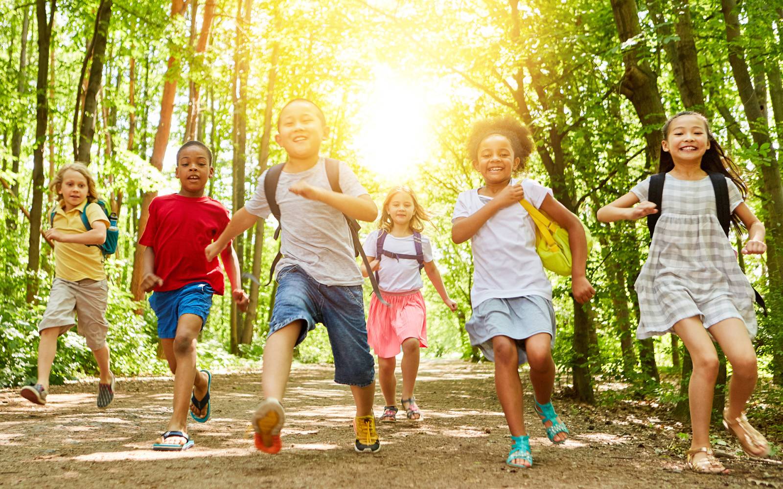Enfants heureux qui font une course d'orientation en  pleine nature