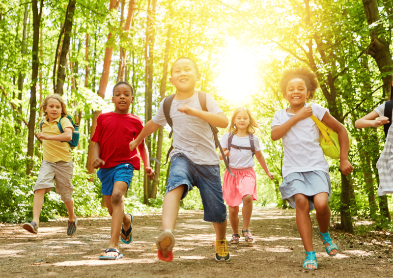 Enfants qui courent et s'amusent dans la forêt.